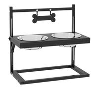 PawHut Comedero Elevado para Perros Cuenco para Perros con 2 Tazones de Acero Inoxidable Altura Ajustable y 1 Placa de Metal en Forma de Hueso 40,5x22x39 cm Negro