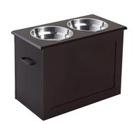 PawHut Comedero Perro Elevado 2 Cuencos Perros Grandes Marrón Oscuro | Cuencos de Acero Inoxidable, 2x2000 ml, Tapa Abatible, Almacenamiento Oculto