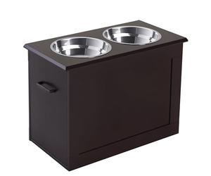 PawHut Comedero Perro Elevado con 2 Cuencos de Acero Inoxidable 2x2000 ml Comedero Elevado para Perros Grandes con Tapa Abatible y Almacenamiento Oculto Marrón Oscuro