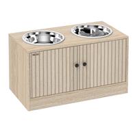 PawHut Comedero Perro Elevado con 2 Cuencos de Acero Inoxidable 2x2000 ml con Comedero Lento Almacenamiento Oculto Roble