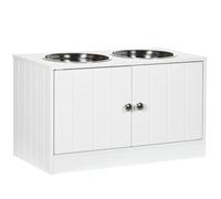 PawHut Comedero Perro Elevado con 2 Cuencos para Perros Grandes Blanco | Acero Inoxidable, 2x2000 ml, Comedero Elevado, 2 Puertas, Almacenamiento Oculto