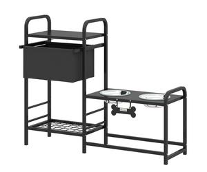 PawHut Comedero Perro Elevado con Cajón de Tela 2 Cuencos de Acero Inoxidable 2x800 ml Altura Ajustable 2 Estantes Negro
