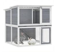 PawHut Conejera de 2 Niveles de Madera 98x95x102,5 cm Gris | Conejera resistente a la intemperie, techo con bisagras, recinto, rampa, puertas, exterior para conejos y pollos