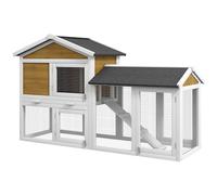 PawHut Conejera de 2 pisos, resistente al invierno, de madera, 147 x 54 x 84 cm, jaula para conejos con techo de betún impermeable, rampa para 2 conejos enanos, para exteriores, color amarillo