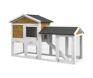 PawHut Conejera de 2 pisos, resistente al invierno, de madera, 147 x 54 x 84 cm, jaula para conejos con techo de betún impermeable, rampa para 2 conejos enanos, para exteriores, color amarillo
