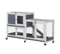 PawHut Conejera de Madera con Ruedas 147x45,5x88,5 cm Jaula para Conejos de 2 Niveles con Techo Abrible 2 Corrales de Metal 3 Bandejas Extraíbles 3 Puertas con Pestillo y Rampa Gris