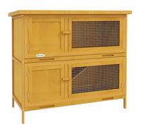 PawHut Conejera de exterior de 2 niveles con rampa antideslizante, 4 puertas con cerradura y 2 bandejas extraíbles, conejera de abeto con techo de betún, 97 x 44 x 91 cm, amarillo