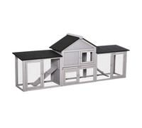 PawHut Conejera de Exterior Grande Jaula de Madera para 2-4 Conejos con Techo Asfáltico Recinto de Alambre Bandeja Extraíble y Rampas 210x45,5x84,5 cm Gris y Negro