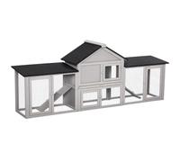PawHut Conejera de Exterior Grande Madera 210x45,5x84,5 cm Gris y Negro | Jaula, para 2-4 Conejos, Techo Asfáltico, Recinto de Alambre, Bandeja Extraíble, Rampas