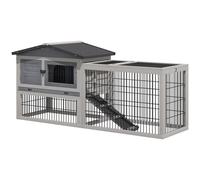 PawHut Conejera de Exterior Hecha de Madera Jaula para Conejos con Múltiples Entradas Bandeja Extraíble y Lavable Gran Espacio Interior Color Gris Techo Verde 150x52.5x68cm