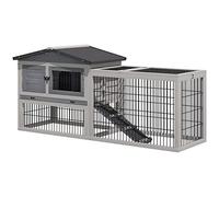 PawHut Conejera de Exterior Hecha de Madera Jaula para Conejos con Múltiples Entradas Bandeja Extraíble y Lavable Gran Espacio Interior Color Gris Techo Verde 150x52.5x68cm