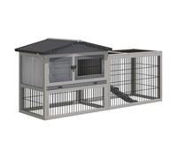 PawHut Conejera de Exterior Hecha de Madera Jaula para Conejos con Múltiples Entradas Bandeja Extraíble y Lavable Gran Espacio Interior Color Gris Techo Verde 150x52.5x68cm