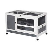 PawHut Conejera de Madera Caseta de Interior para Mascotas Pequeñas 2 Pisos con Ruedas Bandeja Extraíble Rampa 102x60x63,5 cm Gris Blanco