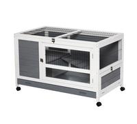PawHut Conejera de Madera Caseta de Interior para Mascotas Pequeñas 2 Pisos con Ruedas Bandeja Extraíble Rampa 102x60x63,5 cm Gris Blanco