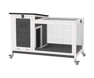 PawHut Conejera de madera con recinto, ruedas, techo abatible para interior y exterior 92 x 52 x 67 cm Gris oscuro