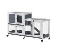 PawHut Conejera de Madera con Ruedas 147x45,5x88,5 cm Jaula para Conejos de 2 Niveles con Techo Abrible 2 Corrales de Metal 3 Bandejas Extraíbles 3 Puertas con Pestillo y Rampa Gris