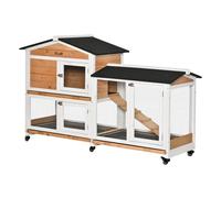 PawHut Conejera de Madera con Ruedas 157,4x53x99,5 cm Jaula para Conejos Grande con Techo Asfáltico Bandejas Extraíbles y Rampa para Exterior e Interior Natural