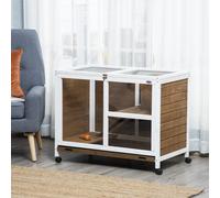 PawHut Conejera de Madera con Ruedas 91,5x53,3x73 cm Jaula para Conejos de 2 Niveles con Techo Abatible Bandeja Extraíble y Ramp Gray 91.5x53.3x73 cm