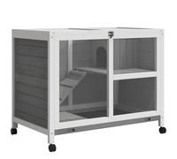 PawHut Conejera de Madera con Ruedas 91,5x53,3x73 cm Jaula para Conejos de 2 Niveles con Techo Abatible Bandeja Extraíble y Rampa Gris