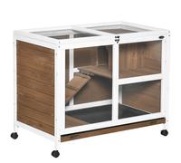 PawHut Conejera de Madera con Ruedas 91,5x53,5x73 cm Jaula para Conejos de 2 Niveles con Techo Abatible Marrón Aosom España