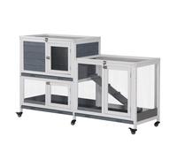 PawHut Conejera de Madera con Ruedas de 2 Niveles con Techo Abrible 2 Corrales de Metal 3 Bandejas Extraíbles 147x45,5x88,5 cm Gris Aosom España