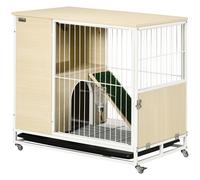 PawHut Conejera de Madera con Ruedas de Interior con Techo Abrible Bandeja Extraíble Bebedero y Rampa 78x52,5x76,5 cm Roble Aosom España