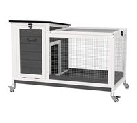 PawHut Conejera de Madera con Ruedas Jaula para Conejos con Techo Asfáltico Abatible Bandeja Desmontable y Ventana Móvil Conejera para Exterior e Interior 91x51x66 cm Blanco y Gris