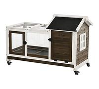 PawHut Conejera de Madera con Ruedas Jaula para Conejos con Techo Puede Abrir y Bandeja Extraíble Conejera para Interior y Exterior 108x58x73,5 cm Café
