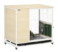 PawHut Conejera de Madera con Ruedas Mueble Conejera de Interior 78x52,5x76,5 cm Superficie Mesa Auxiliar con Techo Abrible Corral Bandeja Extraíble