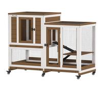 PawHut Conejera de Madera de 2 Niveles 6 Ruedas 110x50x86 cm Marrón