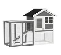 PawHut Conejera de Madera de 2 Niveles con Rampa 123,5x62,6x92,5 cm Gris | Jaula para Conejos, Zona Abierta, Techo Asfáltico, Bandeja Extraíble, para Exterior