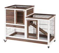 PawHut Conejera de Madera de 2 Niveles con Ruedas 110x50x88 cm Marrón