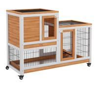 PawHut Conejera de Madera de 2 Niveles con Ruedas y Bandejas Extraíbles Natural Natural wood and white 110x50x88 cm