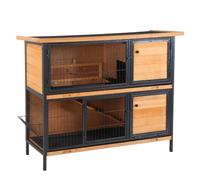 PawHut Conejera de Madera de 2 Niveles Jaula 122x50x101 cm Natural y Negro | Jaula para Conejos, Techo Asfáltico Abatible, Puertas con Pestillo, Bandejas Extraíbles, Rampa, para Exterior