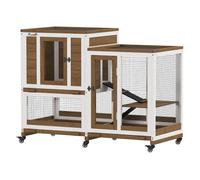 Pawhut conejera de madera de 2 niveles jaula para conejos con 6 ruedas 2 escaleras 3 bandejas extraíbles puertas con cerraduras y zona abierta conejera para interior 110x50x86 cm marrón