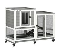 Pawhut conejera de madera de 2 niveles jaula para conejos con 6 ruedas 2 escaleras 3 bandejas extraíbles puertas con cerraduras y zona abierta conejera para interior 110x50x86 cm gris 86 cm