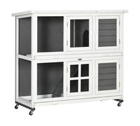 PawHut Conejera de Madera de 2 Niveles Jaula para Conejos con Ruedas 2 Puertas Techo Abatible y 2 Bandejas Extraíbles Conejera para Interior y Exterior 119x50,5x109 cm Blanco y Gris