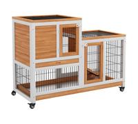 PawHut Conejera de Madera de 2 Niveles Jaula para Conejos con Ruedas Puertas Zona Abierta Rampa y 2 Bandejas Extraíbles Conejera para Interior 110x50x88 cm Natural y Blanco
