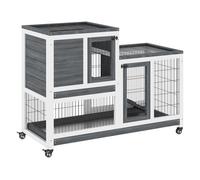 PawHut Conejera de Madera de 2 Niveles Jaula para Conejos con Ruedas Puertas Zona Abierta Rampa y 2 Bandejas Extraíbles Conejera para Interior 110x50x88 cm Gris