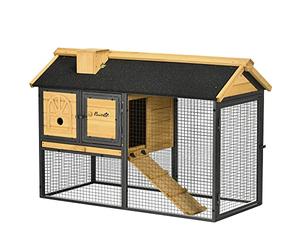 PawHut Conejera de Madera de 2 Niveles Jaula para Conejos con Zona Abierta Techo Asfáltico Bandeja Extraíble Puertas y Rampa Conejera para Exterior 120x55,5x80 cm Natural y Negro
