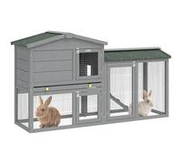 PawHut Conejera de Madera de 2 Niveles, Jaula para Conejos Grande con Techo Asfáltico, Bandeja Extraíble y Escalera, Conejera para Exterior, para Cobayas y Hámsteres, 150x45x85 cm, Gris
