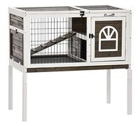 PawHut Conejera de Madera Elevada Jaula para Conejos con Área Abierta Techo Desmontable Puertas con Bandeja Extraíble Pestillo y Rampa Conejera para Interior 90x53x87 cm Blanco y Marrón