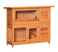 PawHut Conejera de Madera Exterior de 2 Niveles, Jaula para Conejos con Techo de Asfalto Abatible, Puertas, Rampa y 2 Bandejas Extraíbles, 120x48x100 cm, Madera Natural