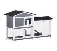 PawHut Conejera de Madera Exterior Jaula para Conejos de 2 Niveles con Techo Asfáltico 2 Corrales de Metal Bandeja Extraíble 2 Puertas y Rampa 157,4x53x93,5 cm Gris