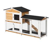 PawHut Conejera de Madera Exterior Jaula para Conejos de 2 Niveles con Techo Asfáltico 2 Corrales de Metal Bandeja Extraíble 2 Puertas y Rampa 157,4x53x93,5 cm Natural