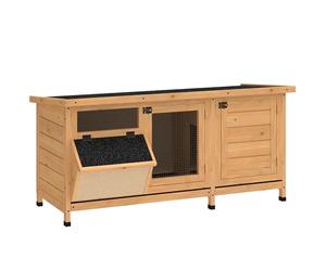 PawHut Conejera de Madera, Jaula para Conejos con Techo Asfáltico Abatible, Puertas con Pestillo, Bandejas Extraíbles y Comedero, Conejera para Exterior, 112x50x54 cm, Amarillo