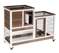 PawHut Conejera de Madera para Interior con Ruedas Jaula para Conejos Mascotas Pequeñas de 2 Pisos con Zona Abierta Rampa y 2 Bandejas Extraíbles