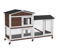 PawHut Conejera Exterior 157,4x53x99,5cm Jaula para Conejos Grande con Ruedas Techo Asfáltico Bandeja Extraíble y Rampa Marrón