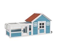 Pawhut conejera exterior de madera 162,5x59,2x77,6 cm jaula para conejo grande con 2 ventanas de decoración 2 ruedas 1 puerta 1 rampa y techo de asfalto azul