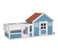 PawHut Conejera Exterior de Madera con Ruedas 162,5x59,2x77,6 cm Azul | Jaula para Conejo, Casa para Conejos, Rampa, Ventanas de Decoración, Puerta, Techo de Asfalto